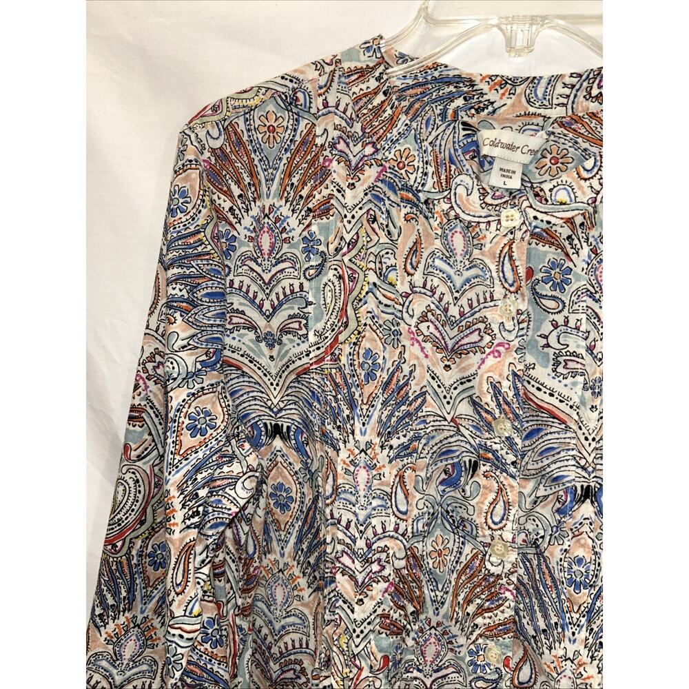 Coldwater Creek Sz LG Cotton Floral paisley Band Collar Shirt Pintucks Career - Picture 4 of 11